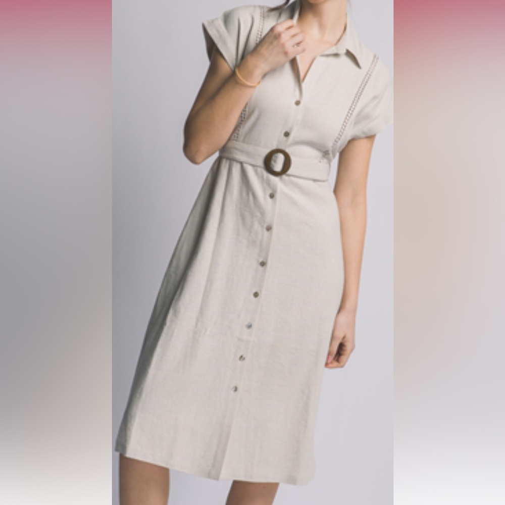 Linen Midi Button-Down Shirt Dress. Color: Natural.  Large